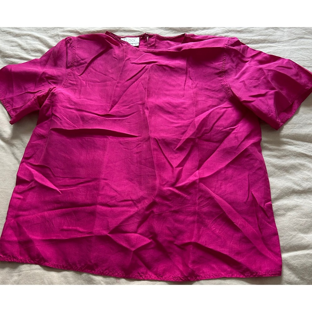 Tess Womens Magenta Pink 100% Silk Short Sleeve Keyhole Back Blouse Size S